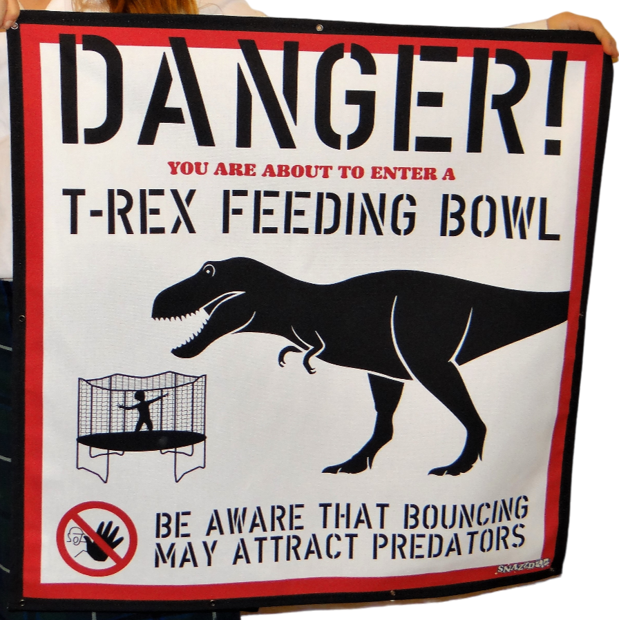 Fun Dinosaur Warning Sign For Your Trampoline Net - T-Rex Feeding Bowl