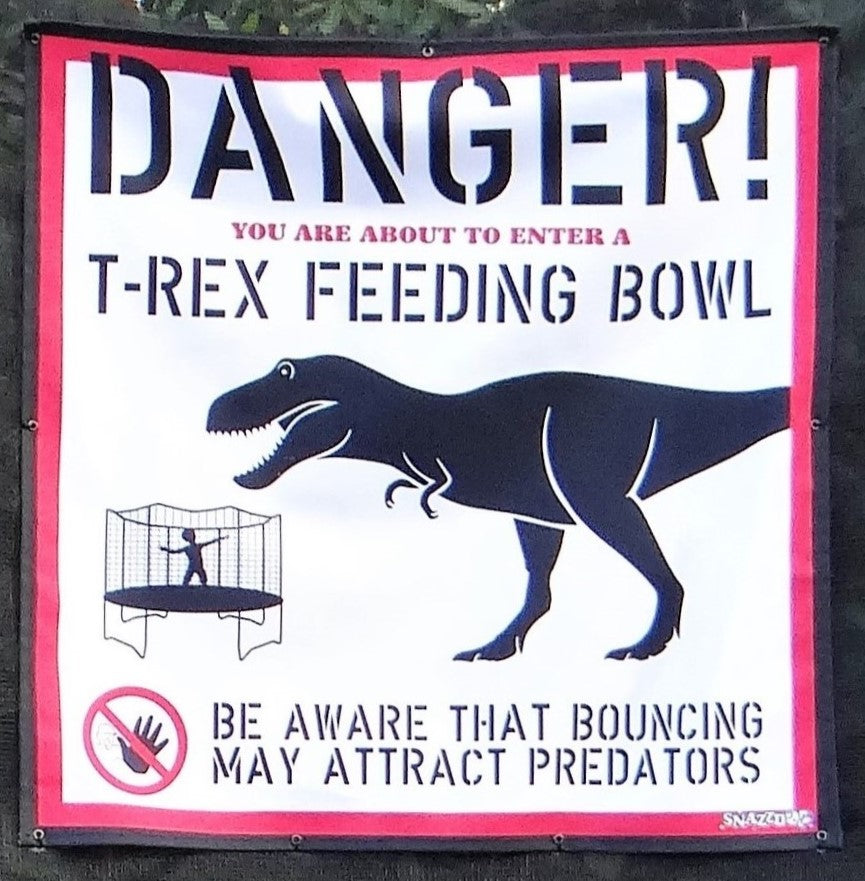 Feeding T-Rex Fun Trampoline Net Warning Sign